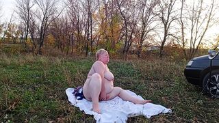 wife masturbates with toys in nature and squirts