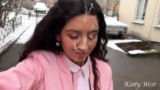 College Girl Fucked with Stepbrother, Got Cum on Her Face and Went for a Walk Without Washing Face