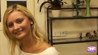 A Shy Blonde Gets Interviewed and Filmed POV Giving a Sloppy Blowjob Until Facial