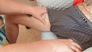 Stepmom makes my cock hard and makes me ejaculate while giving a blowjob
