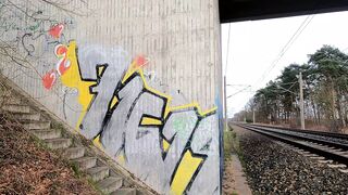 Slapping her naked tits and ass near railway