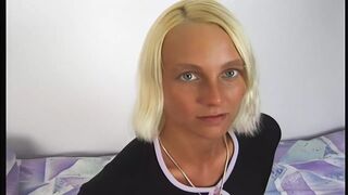 petite blonde with a dildo in her ass sucks her boyfriend's cock greedily