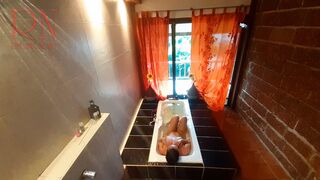 Peep. Voyeur. Housewife washes in the shower with soap, shaves her pussy in the bath. c 2
