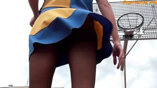 Lorine in Cheerleader Uniform and Pantyhose Shooting Balls and Flashing