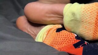 Ebony Girl Does Star Wars Sock Removal to Show off Her Feet