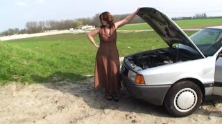 Big mature brunette in sexy outfit fucking outside