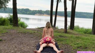 Naked blonde roughly rides big cock outdoors in forest until gets huge cumshot load on boobs