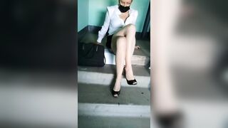 Crossed legs orgasm on fire stairs