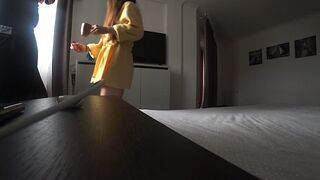 Russian wife cheats on her husband with an unknown man at home on the bed. Husband at work...
