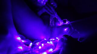 Sex in Christmas with toys and LED garland, Happy new Year! Glass