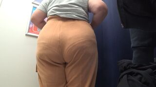 The camera in the fitting room watches a mature big ass in satin panties. Curvy milf changes clothes. PAWG