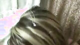 bitch gets splooged on her head!