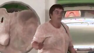 chick getting naked in front of fun house mirrors