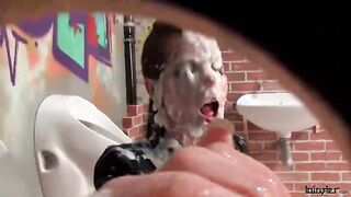 Glamorous Brunette Performs BJ Til Creamed In Rest Room