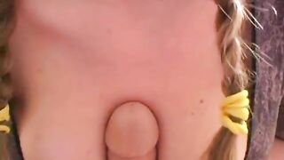 Busty girl jerks off a dildo