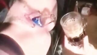Soda Bottle In Pussy, Pours Man A Drink