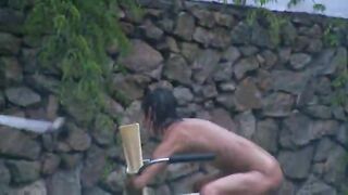 Russian chicks watersports in the grass