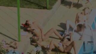 Three chicks secret bang by the pool