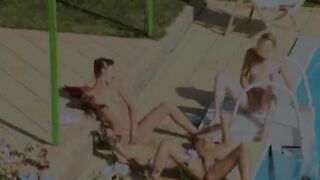 Three coeds secret fucking by the pool