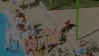 Three chicks secret sexing by the pool