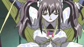Chained hentai maid gets shoved speculum into her virgin pussy