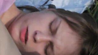 breasty teen dildoing cunt in the grass