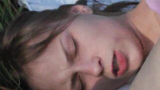 Busty teen dildoing cunt in the outdoor