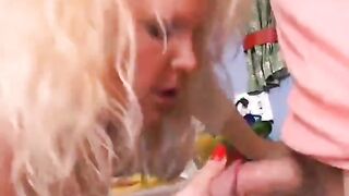 Cute chubby MILF spit roasted in the kitchen