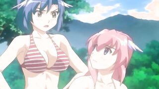 Bondage hentai guy with three swimsuit girls in the outdoors
