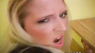 Horny blonde gets nailed on the stairs