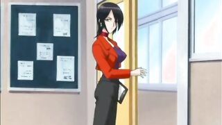 Busty hentai teacher self shoving sausage into her mouth and wetpussy