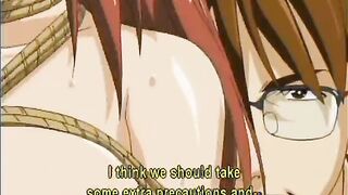 Roped anime secretary getting double fucked by two pervs