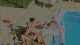 Three chicks secret bang by the pool