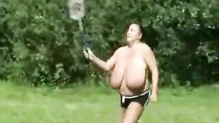 Playing Badminton Topless With HUGE Tits