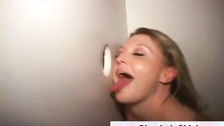 Cumshot through gloryhole for blonde slut