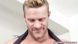 Athletic bottom swallows top thick cock