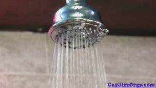 Gaysex hunk sprayed with cum during orgy