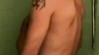 Hairy blue collar taking shower