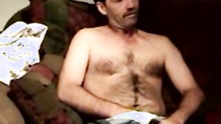 Mature hairy bear tugging his cock with southern guy