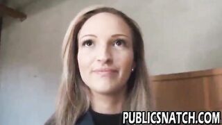 Blonde teen shows off tits in public