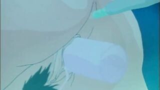 Hentai gets vibrator in her pussy and sucking cocks in the beach