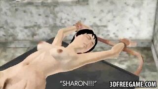 Busty 3D cartoon brunette tied down to a table
