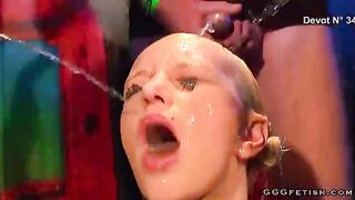 Three dicks gives pee on blonde babe
