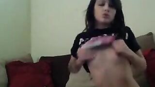 Petite small tit teen strips and plays with pussy and ass