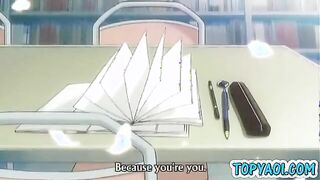 Hentai gay boy and man having kisses and love in library room