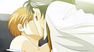 Two hentai guys touching and kissing on sofa