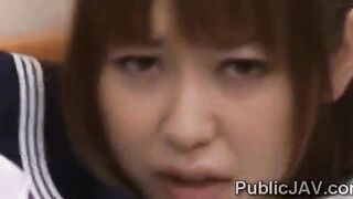 Bunch of mature pervs bang Japanese schoolgirl at electric train