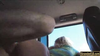 Cute teen Kiera Daniels hitchhikes and fucked in the car