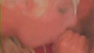 Blonde and brunette share cock in a threeway