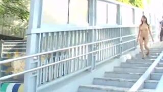 Subtitled busty Japanese public nudist goes for a walk